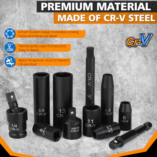 TOHOME 1/4" Drive Impact 56-Piece Socket Set, Standard SAE (5/32 to 9/16 inch) & Metric (4-15mm), 6 Points, CR-V, 1/4-Inch Drive Ratchet Handle, Drive Extension Bar & Impact Universal Joint with Case - Image 4