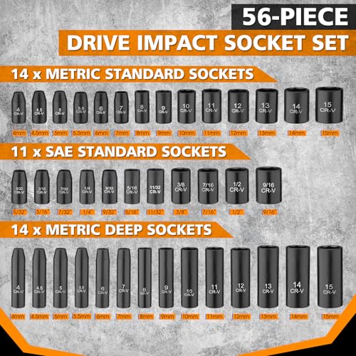 TOHOME 1/4" Drive Impact 56-Piece Socket Set, Standard SAE (5/32 to 9/16 inch) & Metric (4-15mm), 6 Points, CR-V, 1/4-Inch Drive Ratchet Handle, Drive Extension Bar & Impact Universal Joint with Case - Image 2
