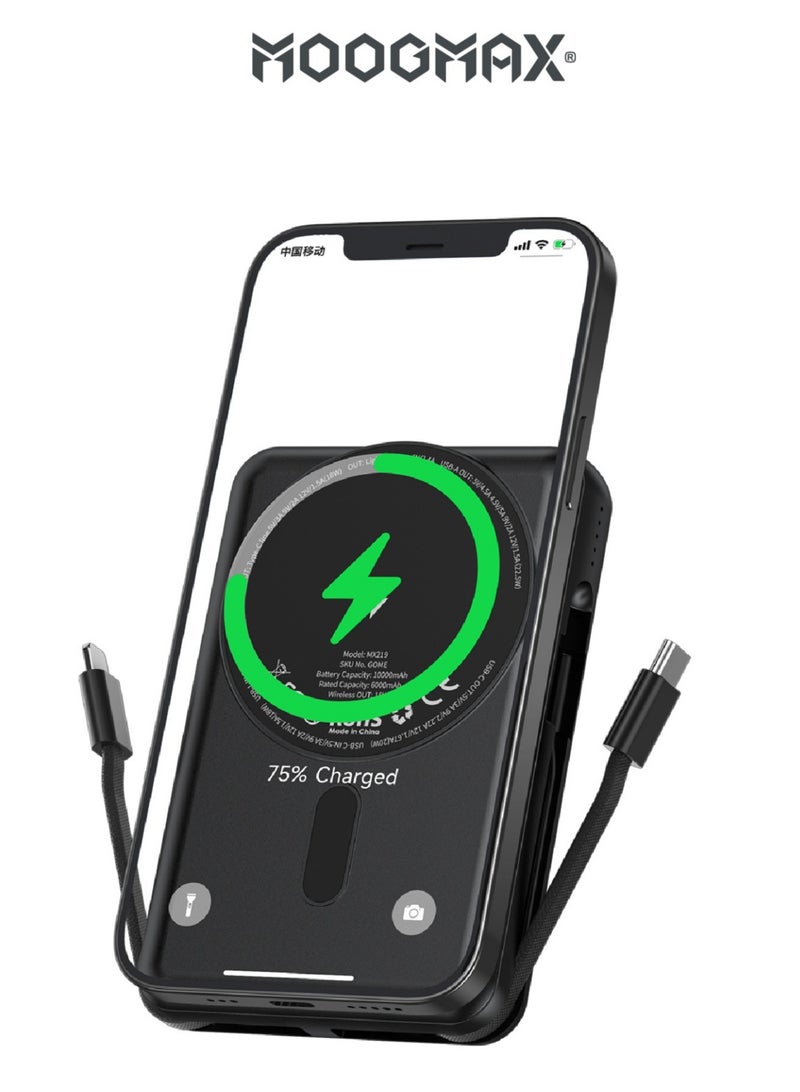 MOOGMAX Trunk power bank 10000 mAh. Small magnetic wireless powerbank. magsafe power bank with 3 ports (USB & Type-C PD & Lightning). portable charger with built-in fabric charging cables (Type-C & Lightning for iPhone).wireless power bank fast charging with 15W wireless charging & 22.5W for ports & cables. Black  - Image 1