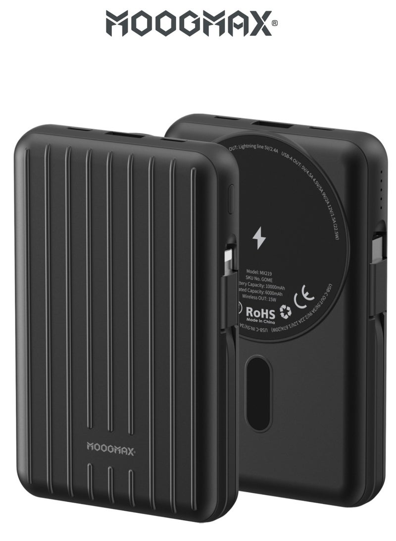 MOOGMAX Trunk power bank 10000 mAh. Small magnetic wireless powerbank. magsafe power bank with 3 ports (USB & Type-C PD & Lightning). portable charger with built-in fabric charging cables (Type-C & Lightning for iPhone).wireless power bank fast charging with 15W wireless charging & 22.5W for ports & cables. Black  - Image 2