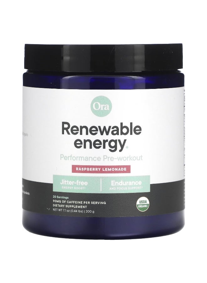 ORA - Ora, Renewable Energy, Performance Pre-Workout, Raspberry Lemonade, 7.1 oz (200 g) - Image 1
