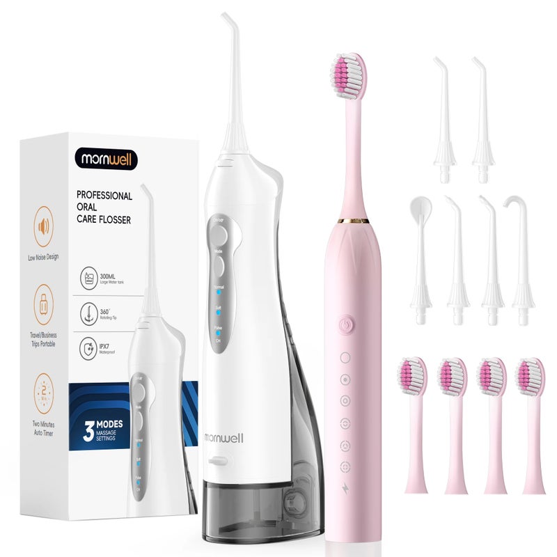 Mornwell Portable Water Flosser with Electric Toothbrush Combo:Gums Care - Brushing & Flossing for Adults, Travel Use, D52 & X3 - Image 1