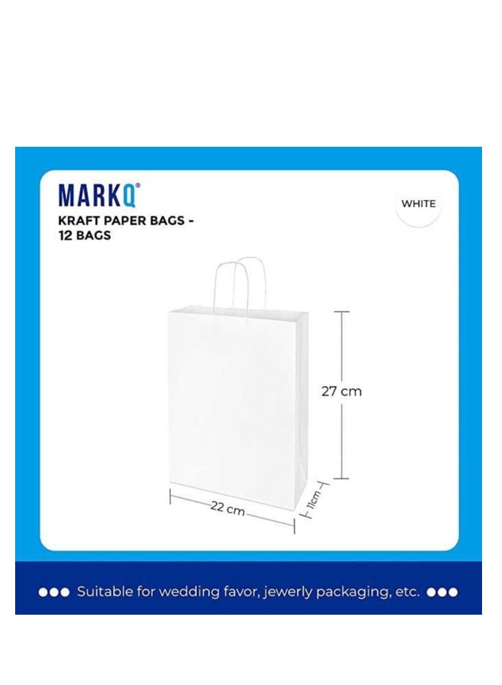 MARKQ أكياس ورقية بيضاء مع مقابض 27 × 22 × 11 سم أكياس هدايا كبيرة من كرافت لحفلات عيد الميلاد، الزفاف، حفلات الزفاف، الأعمال (12 كيس) - Image 2