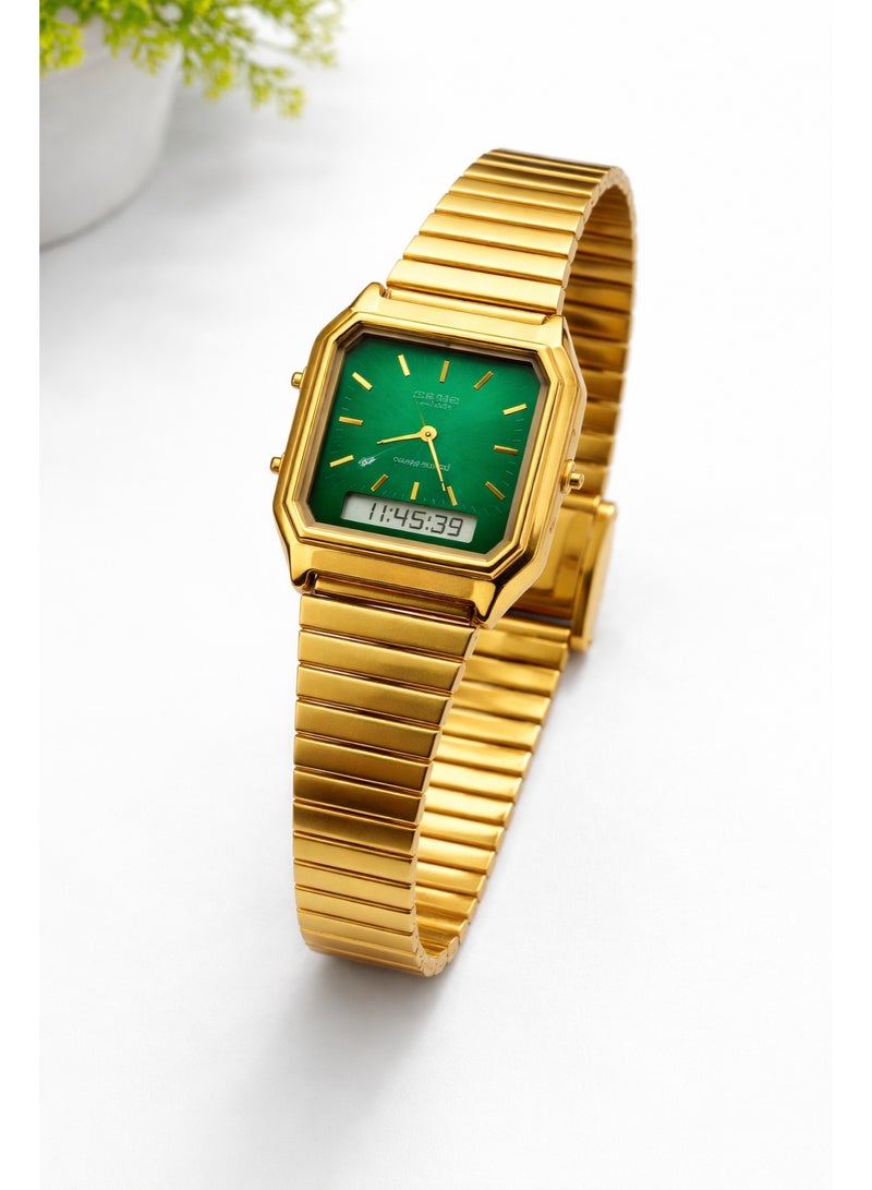 ساعة كاسيو فينتج تناظري ورقمي بسوار ستانلس ستيل ذهبي وقرص أخضر – مقاومة للماء – للجنسين