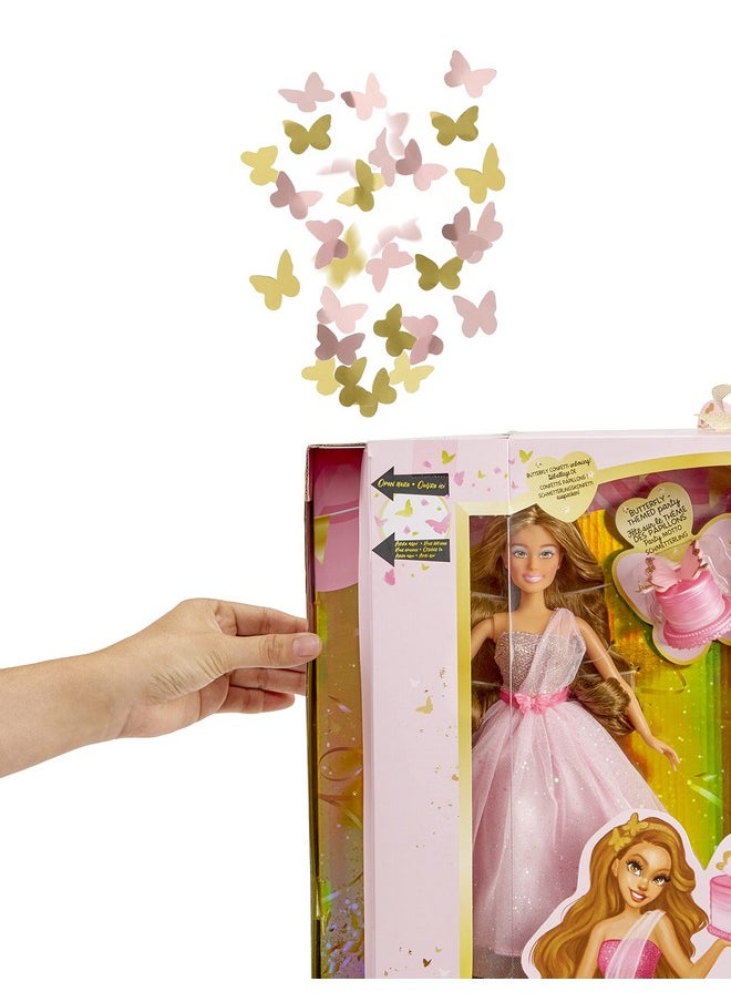 MGA Entertainment Dream Ella Let'S Celebrate Doll Dreamella Pink & Gold Glitter Butterfly Confetti Unboxing 11.5 Brunette Party Fashion Doll + 5 Accessories For Birthday Graduation Special Day  - Image 2