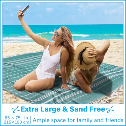 Vikumond Oversized Turkish Beach Towel Blanket XXL Cotton Sandproof Towels Boho Woven Extra Large Big Sand Free Giant Throw Blankets Huge Quilt XL Picnic Camping Necessities Cloud For Adult Gifts Teal - Image 3