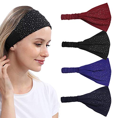 DINPREY Rhinestone Dots Wide Bandana Headband - Women's Twisted Solid Diamond Workout, Yoga & Makeup Head Wrap (4 Pcs) - Image 1