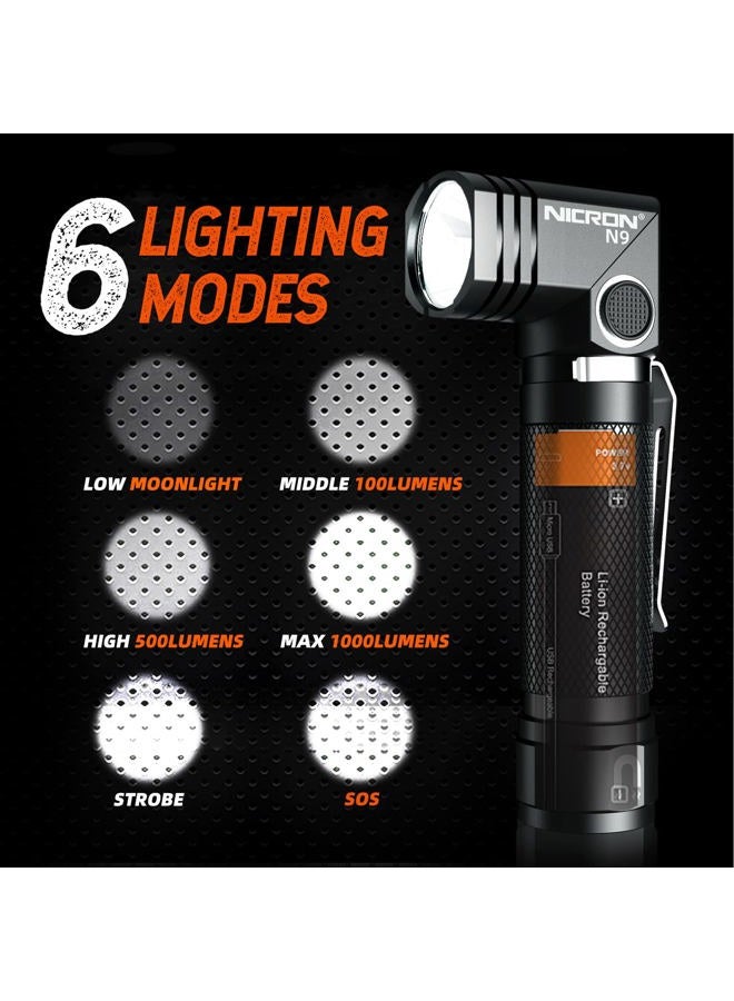 NICRON Flashlights,Rechargeable Magnetic Flashlight Super Bright 1000 lumens 6 Modes led Flashlight for Camping,Garage Work, 90°Twist EDC Pocket Tactical Flashlight IP65 Waterproof N9 - Image 3