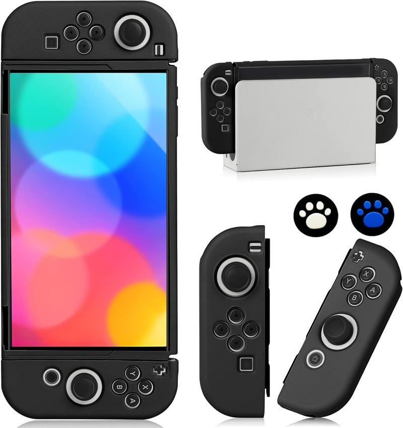 bruximly Switch OLED Case for Nintendo Switch OLED Model, Dockable Cover Soft TPU Protector Case for Switch OLED Grips & Console and Accessories with 2 Pcs Thumb Caps, Black - Image 1
