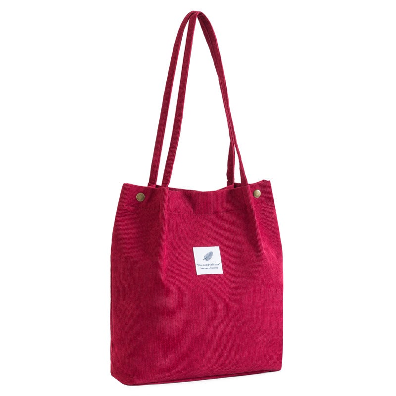 Flannel tote bag lady casual shoulder bag travel handbag folding portable shopping bag student reading book bag Wine red