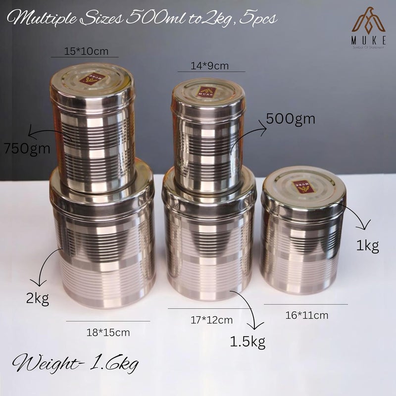KITCHEN NEXT muke Stainless Steel dibba Container set food grade storage kitchen jar container 500ml to 2kg 5pcs - Image 3
