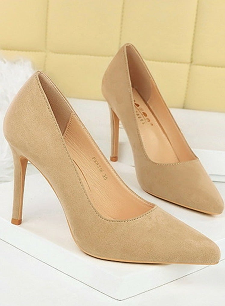 BIGTREE Women's Closed Pointed Toe High Heels Party Stiletto Pumps Apricot 10CM - Image 2