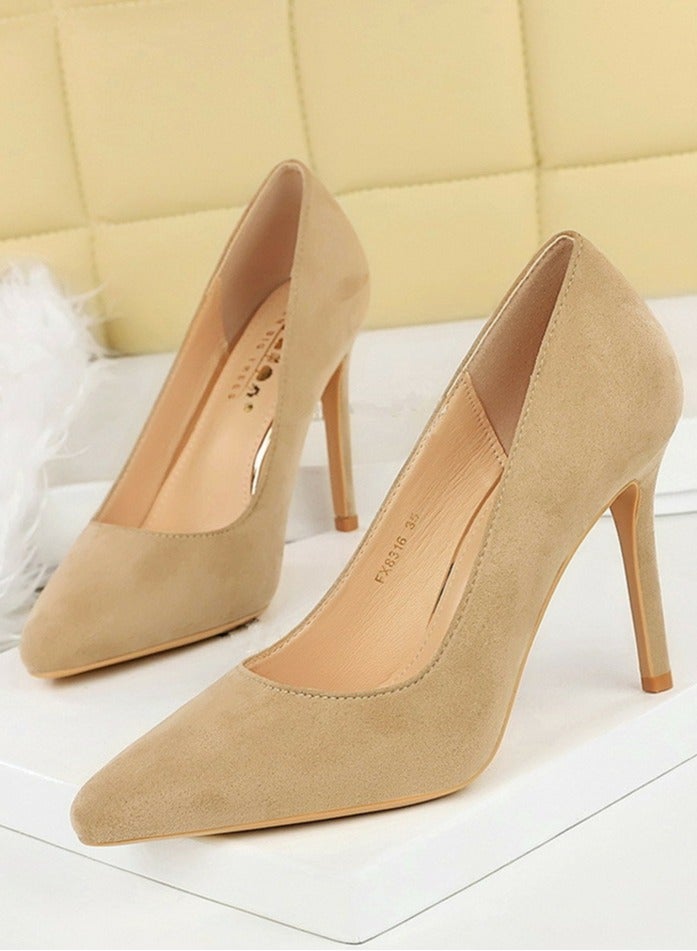BIGTREE Women's Closed Pointed Toe High Heels Party Stiletto Pumps Apricot 10CM - Image 1