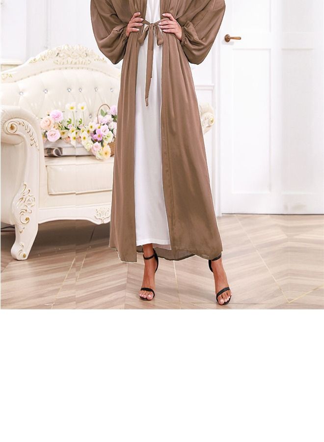 Loquat Solid Color Cardigan Gown Abaya Brown - Image 3
