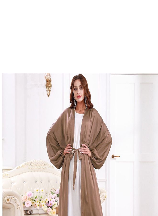 Loquat Solid Color Cardigan Gown Abaya Brown - Image 2