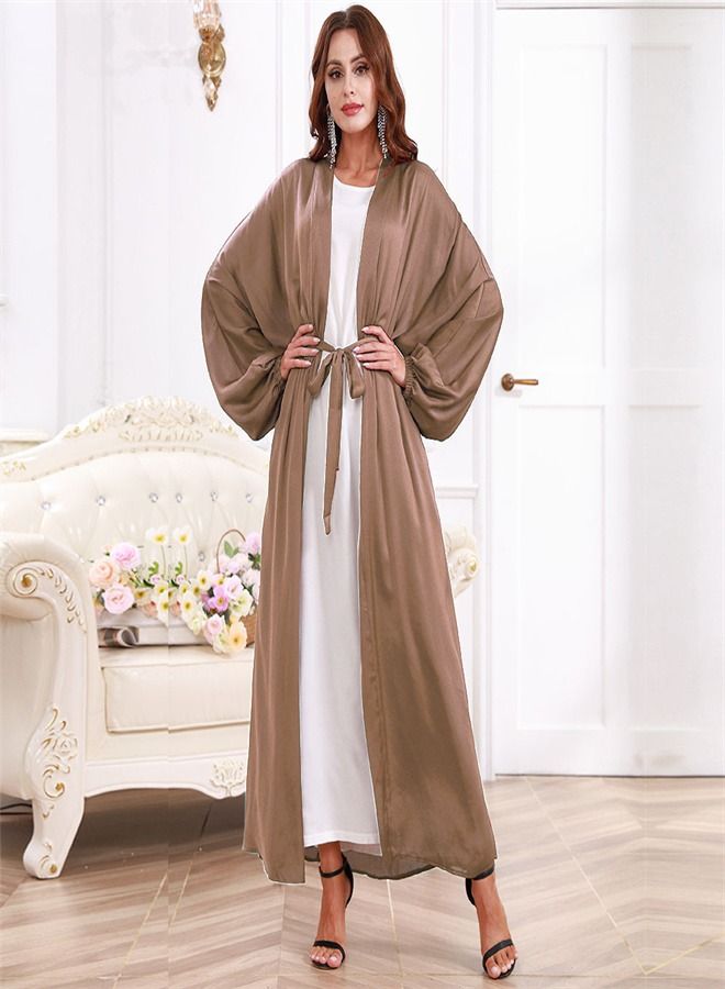 Loquat Solid Color Cardigan Gown Abaya Brown - Image 1