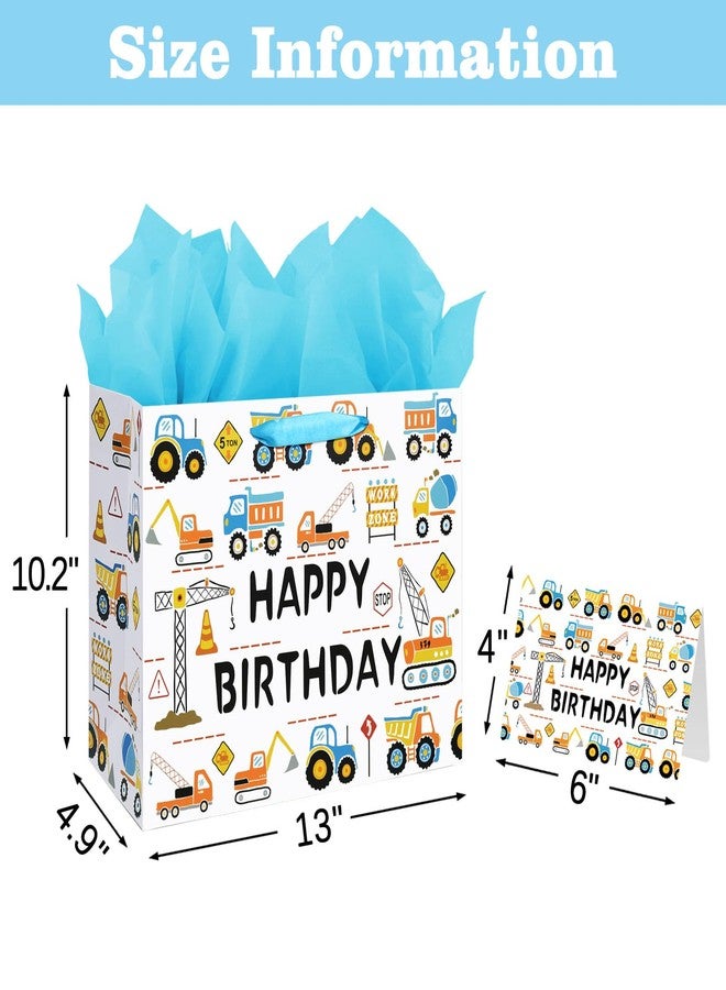Laidans 13" Large Happy Birthday Gift Bag for Baby Boy Kids with Tissue Paper and Card (Construction Vehicle) - Image 2