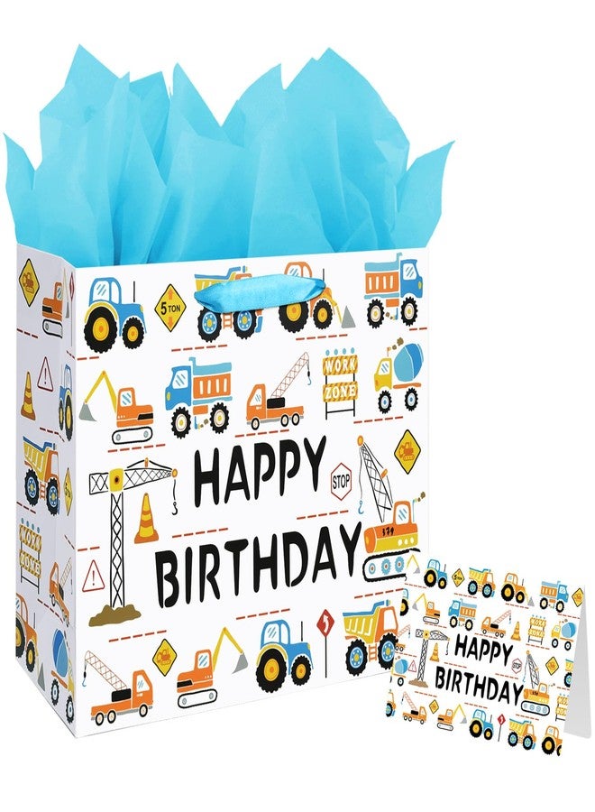Laidans 13" Large Happy Birthday Gift Bag for Baby Boy Kids with Tissue Paper and Card (Construction Vehicle) - Image 1