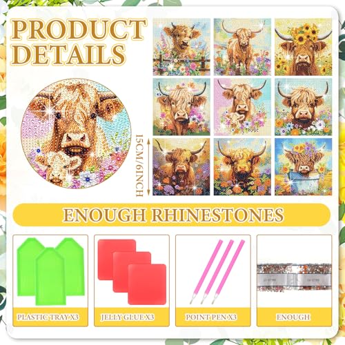 TecUnite 9 Pcs Highland Cow Diamond Painting Art Diamond Painting Kit for Beginners DIY Rhinestone Gem Crafts for Home Wall Decor 6 x 6 Inch Highland Cow - Image 3