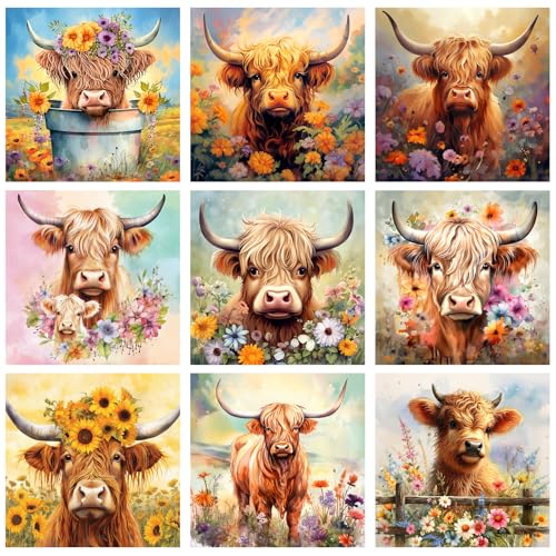 TecUnite 9 Pcs Highland Cow Diamond Painting Art Diamond Painting Kit for Beginners DIY Rhinestone Gem Crafts for Home Wall Decor 6 x 6 Inch Highland Cow - Image 1