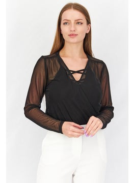 Reserved Women Mesh Long Sleeve Bodysuit, Black  - Image 1