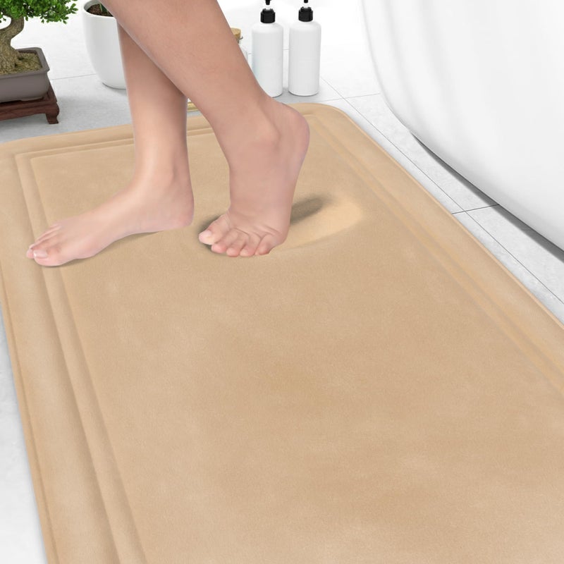 ITSOFT Memory Foam Bath Mat 59x23 Non Slip Machine Washable Quick Dry Absorbent Rugs Bath Mats for Bathroom Floor Tub Shower Bathroom Rug Beige
