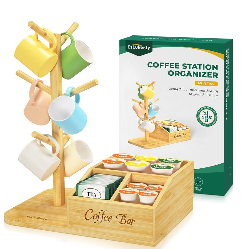 EsLuker.ly Mug Tree Holder Stand, Countertop Bamboo Coffee Cup Organizer Rack for Kitchen Office, Space-Saving Coffee Station Bar Organizer with 6 Hooks, Modern Design Enhances Decor - Image 1