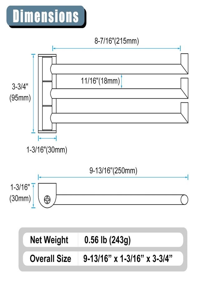 Angle Simple حامل مناشف يد دوار بسيط بزاوية، فولاذ مقاوم للصدأ SUS 304 قابل للطي مع 3 قضبان مناشف للحمام، أسود غير لامع - Image 2