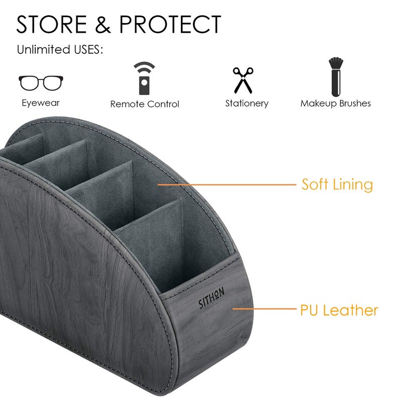 SITHON حامل جهاز التحكم عن بُعد SITHON مع 5 أقسام - حامل مكتب من جلد PU لتنظيم أجهزة التحكم عن بُعد للتلفاز، DVD، Blu-Ray، مشغل الوسائط، أجهزة التحكم في السخان، رمادي بتصميم خشبي - Image 2