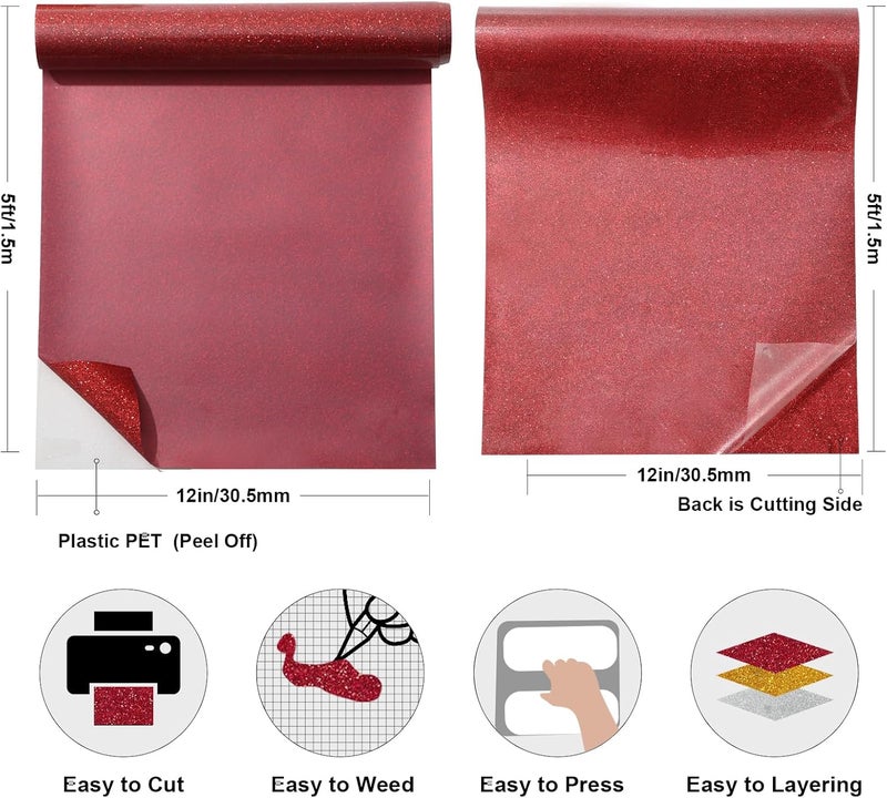 TransWonder Red Glitter HTV Glitter Heat Transfer Vinyl 12inx5ft Glitter HTV Vinyl Iron on Vinyl for Cricut T Shirts (Red) - Image 2