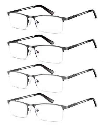 HIGHLIKE 4-Pack Blue Light Reading Glasses for Men, Metal Half Frame Readers Spring Hinge Clear Lens Eyeglasses with Pouches, Semi Rimless 2 Black 2 Gunmetal 1.25 x - Image 1