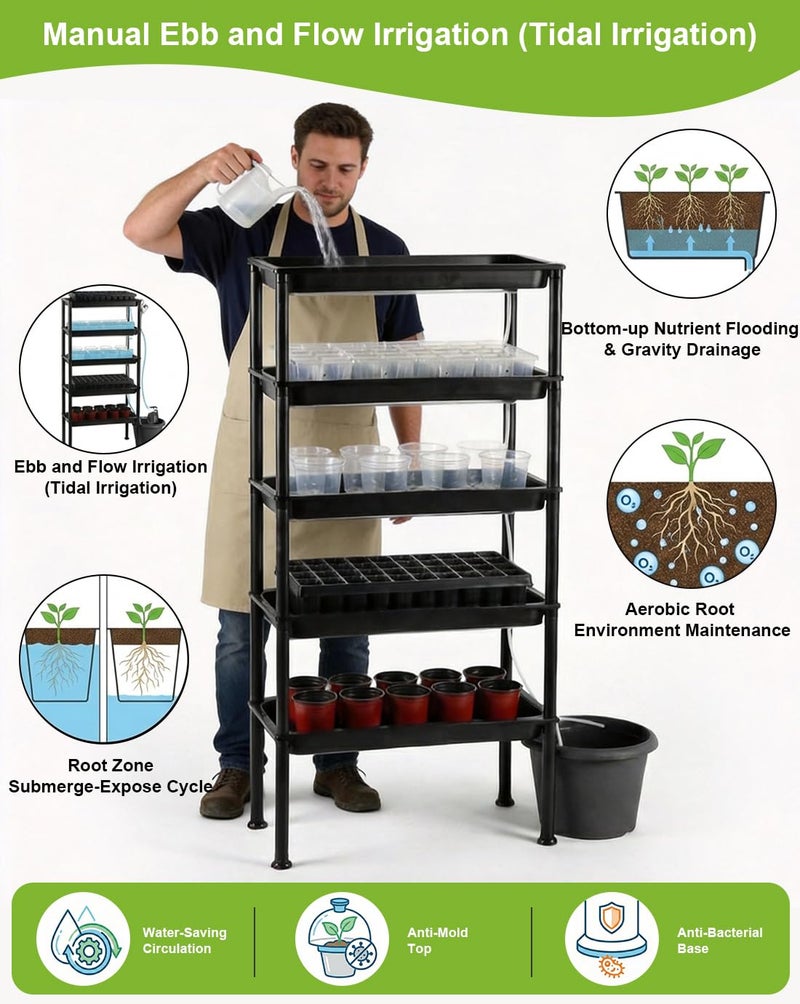 RooTrimmer 5-Tier Seed Starter Trays Plant Stand, with Bottom-Watering Designâ€“ Reinforced Thickened Shelf for Small Pots, Balcony/Indoor Seed Starting & Greenhouse, Black - Image 4