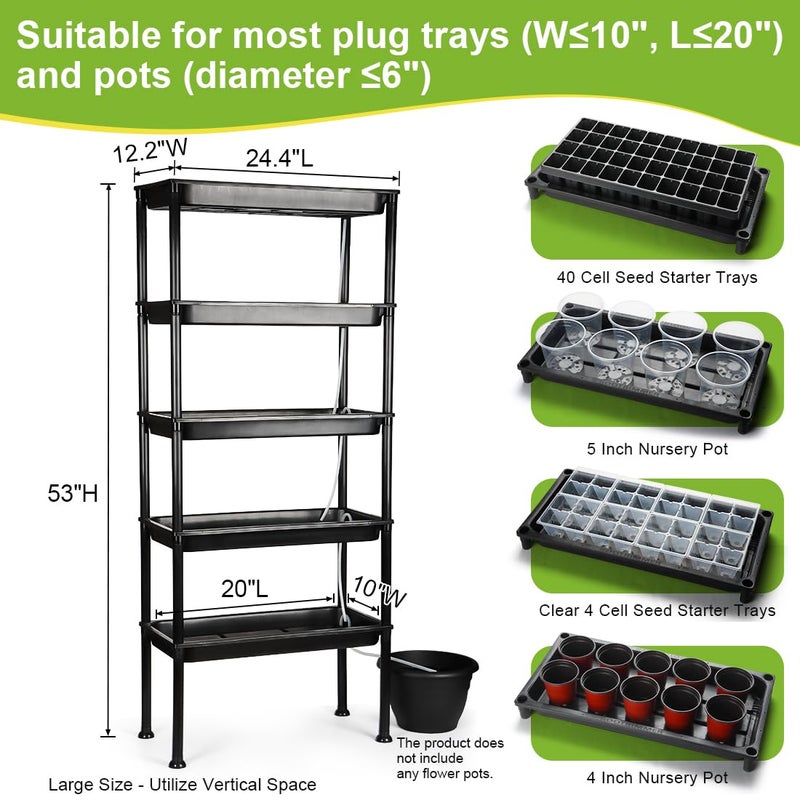 RooTrimmer 5-Tier Seed Starter Trays Plant Stand, with Bottom-Watering Designâ€“ Reinforced Thickened Shelf for Small Pots, Balcony/Indoor Seed Starting & Greenhouse, Black - Image 2