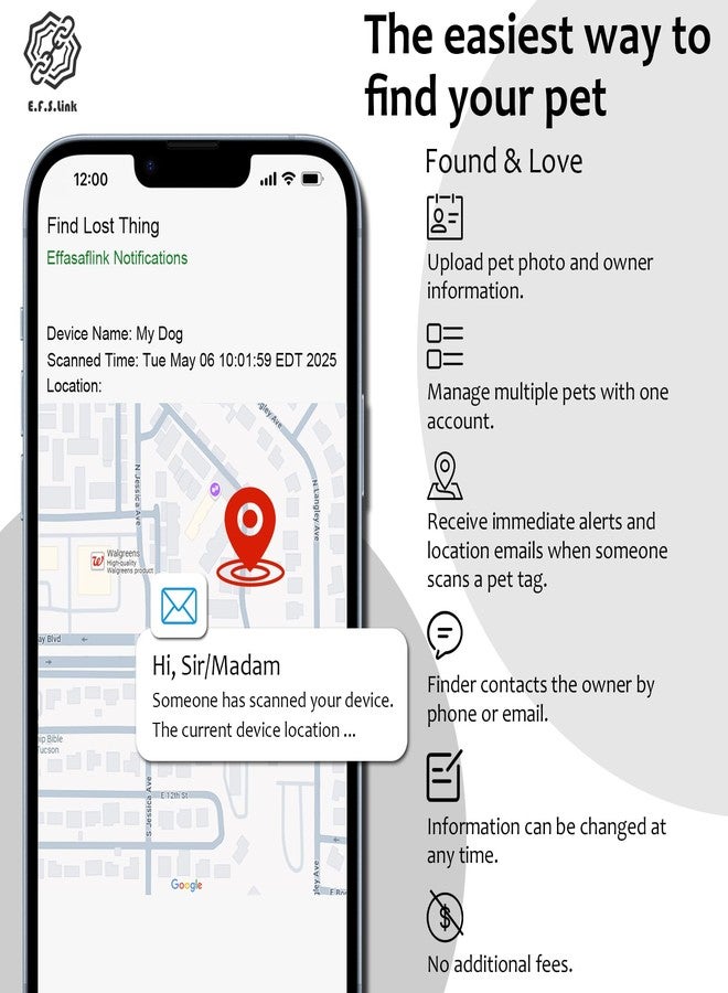 Effasaflink RFID 134.2Khz & QR Code Pet ID Tag, Collar Tag, Dual Function - Scan QR for Helping Lost Pets Go Home, Replace RFID Microchip for Smart Auto Pet Door and Feeder (Black-Dog) - Image 3