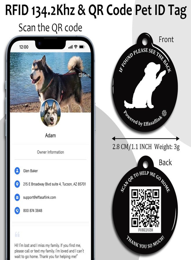 Effasaflink RFID 134.2Khz & QR Code Pet ID Tag, Collar Tag, Dual Function - Scan QR for Helping Lost Pets Go Home, Replace RFID Microchip for Smart Auto Pet Door and Feeder (Black-Dog) - Image 2