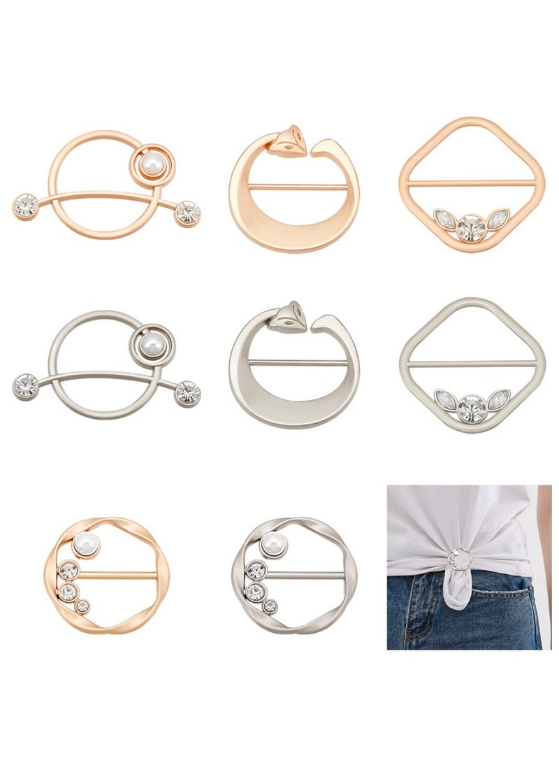 KASTWAVE 8 Pcs T-Shirt Clips for Women, Silk Scarf Clasp Clip, Round Clothes Clips Buckle Tie Rings with Pearl and Rhinestone Circle Clip Waist Buckle for Clothing Wrap Holder Corner Knotted Button - Image 1