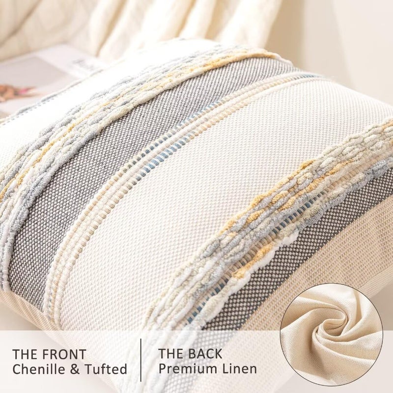 WANLIRD Boho Throw Pillow Covers 18x18 Set of 2 Farmhouse Decorative Cushion Case Striped Square Pillows Cover Chenille Pillow Cases Accent Neutral Pillowcase for Sofa Couch Bed,Orange-Gray - Image 2