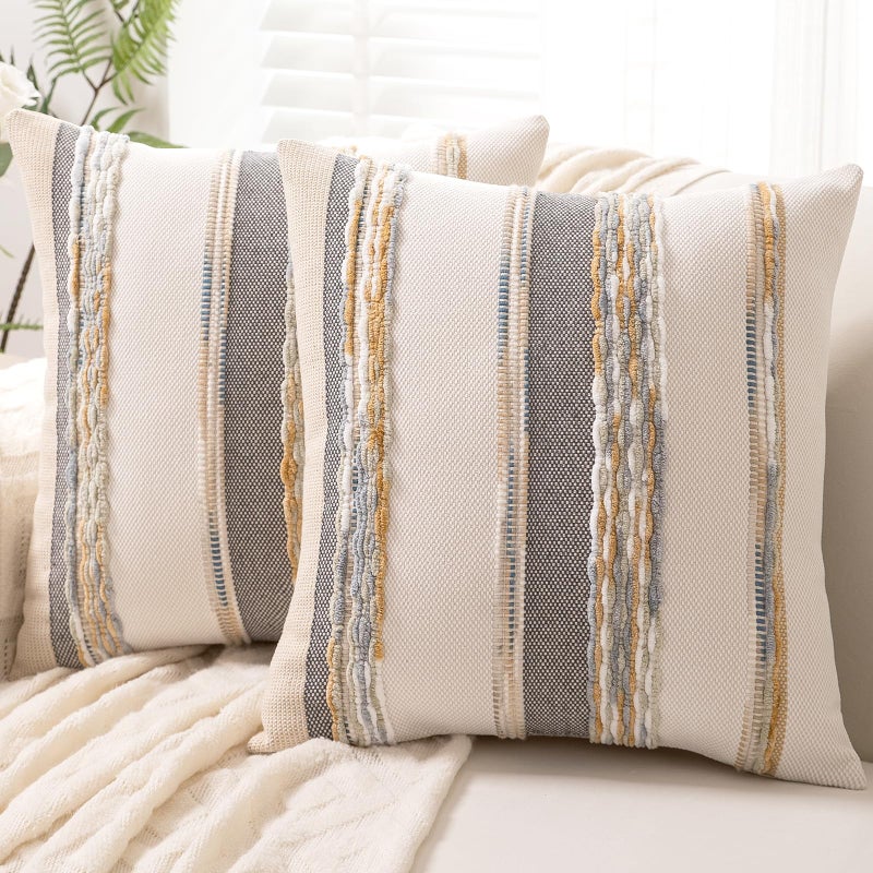 WANLIRD Boho Throw Pillow Covers 18x18 Set of 2 Farmhouse Decorative Cushion Case Striped Square Pillows Cover Chenille Pillow Cases Accent Neutral Pillowcase for Sofa Couch Bed,Orange-Gray - Image 1