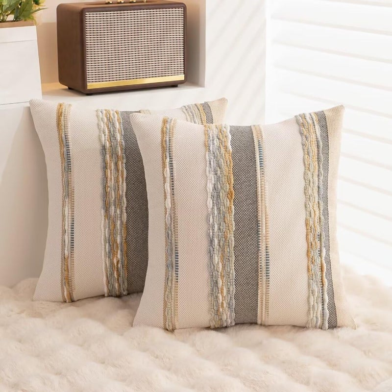 WANLIRD Boho Throw Pillow Covers 18x18 Set of 2 Farmhouse Decorative Cushion Case Striped Square Pillows Cover Chenille Pillow Cases Accent Neutral Pillowcase for Sofa Couch Bed,Orange-Gray - Image 4