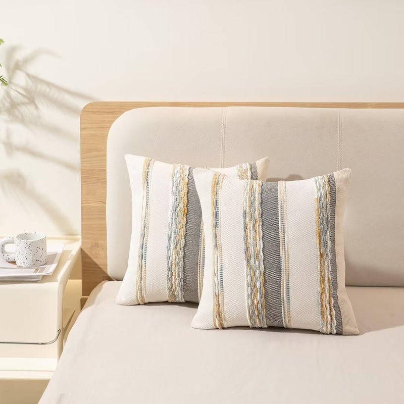 WANLIRD Boho Throw Pillow Covers 18x18 Set of 2 Farmhouse Decorative Cushion Case Striped Square Pillows Cover Chenille Pillow Cases Accent Neutral Pillowcase for Sofa Couch Bed,Orange-Gray - Image 5