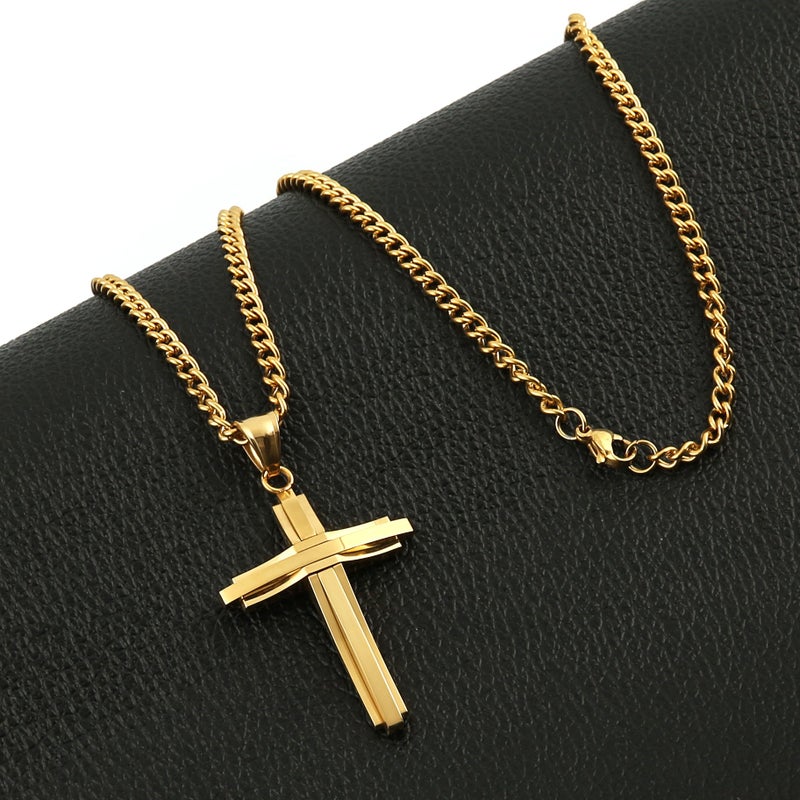 HZMAN Mens Polished Stainless Steel Gold Cross Pendant Necklace 22+2 Inches Chain - Image 2