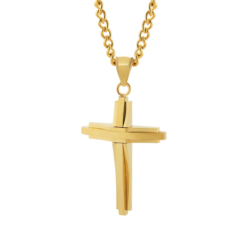 HZMAN Mens Polished Stainless Steel Gold Cross Pendant Necklace 22+2 Inches Chain - Image 1