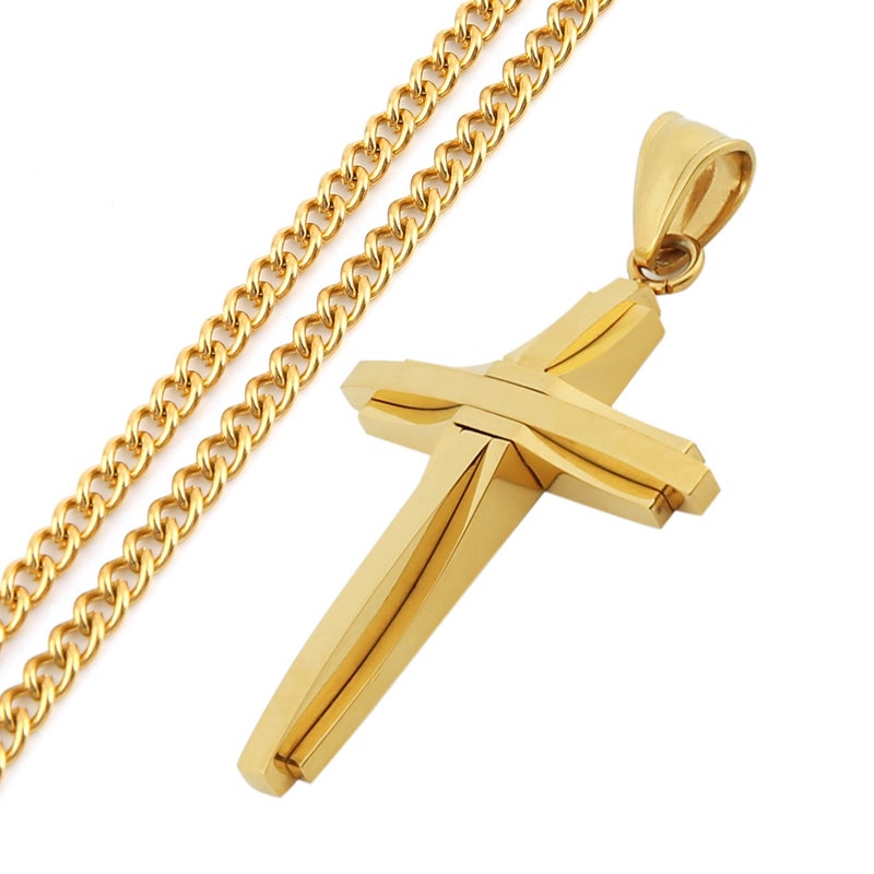 HZMAN Mens Polished Stainless Steel Gold Cross Pendant Necklace 22+2 Inches Chain - Image 4