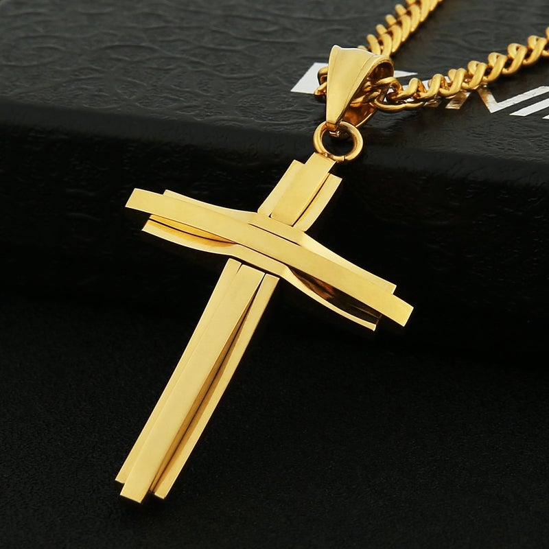 HZMAN Mens Polished Stainless Steel Gold Cross Pendant Necklace 22+2 Inches Chain - Image 3
