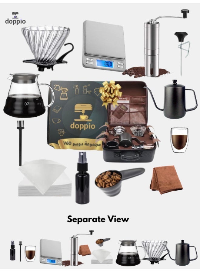 DOPPIO Manual Coffee Machine 13pcs V60 Premium with Manual Grinder Dotted Kit, Coffee Server Bowl Size 02, V60 Glass Coffee Dripper with Wooden Dotted, Scale (Premium Set) - Image 2