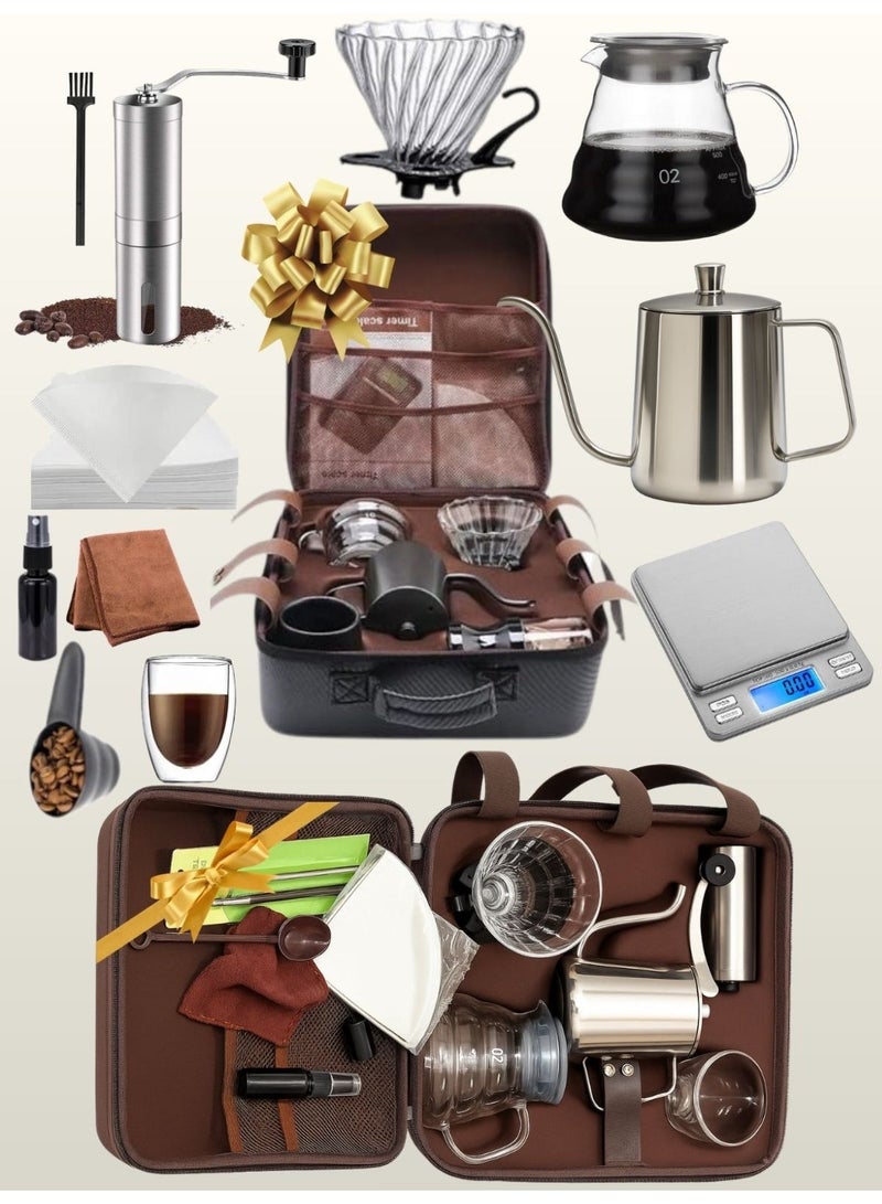 DOPPIO Manual Coffee Machine 13pcs V60 Premium with Manual Grinder Dotted Kit, Coffee Server Bowl Size 02, V60 Glass Coffee Dripper with Wooden Dotted, Scale (Premium Set) - Image 1