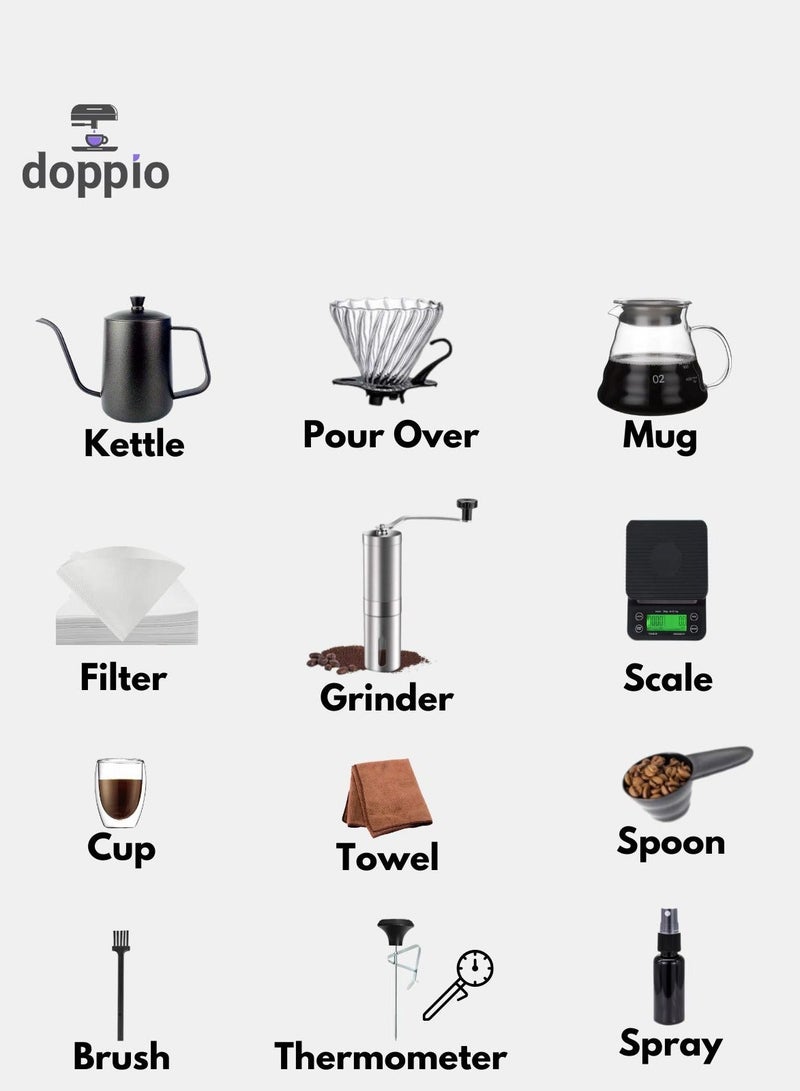 DOPPIO Manual Coffee Machine 13pcs V60 Premium with Manual Grinder Dotted Kit, Coffee Server Bowl Size 02, V60 Glass Coffee Dripper with Wooden Dotted, Scale (Premium Set) - Image 4