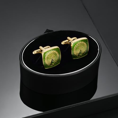 Wynameleri Enamel Cufflinks Green Peacock Design For Men in Gift Box - Image 5