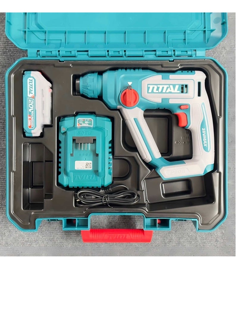 TOTAL - Super Total 20V Lithium-Ion Cordless Rotary Hammer TRHLI201681 - SDS Plus, 850 RPM, 5100 BPM, 1.5J Impact Energy, LED Work Light, Includes 3 Drills & 2.0Ah Battery with Charger, Carrying Case TRHLI201681 - Image 1