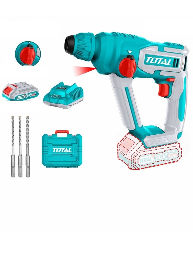 TOTAL - Super Total 20V Lithium-Ion Cordless Rotary Hammer TRHLI201681 - SDS Plus, 850 RPM, 5100 BPM, 1.5J Impact Energy, LED Work Light, Includes 3 Drills & 2.0Ah Battery with Charger, Carrying Case TRHLI201681 - Image 1